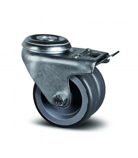 Roulette pivotante double galet acier à oeil avec frein en caoutchouc thermoplastique